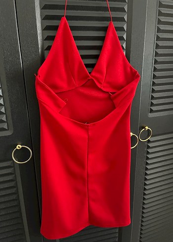 Kırmızı İp Askılı Sırt Dekolteli Mini Elbise - Görsel 3