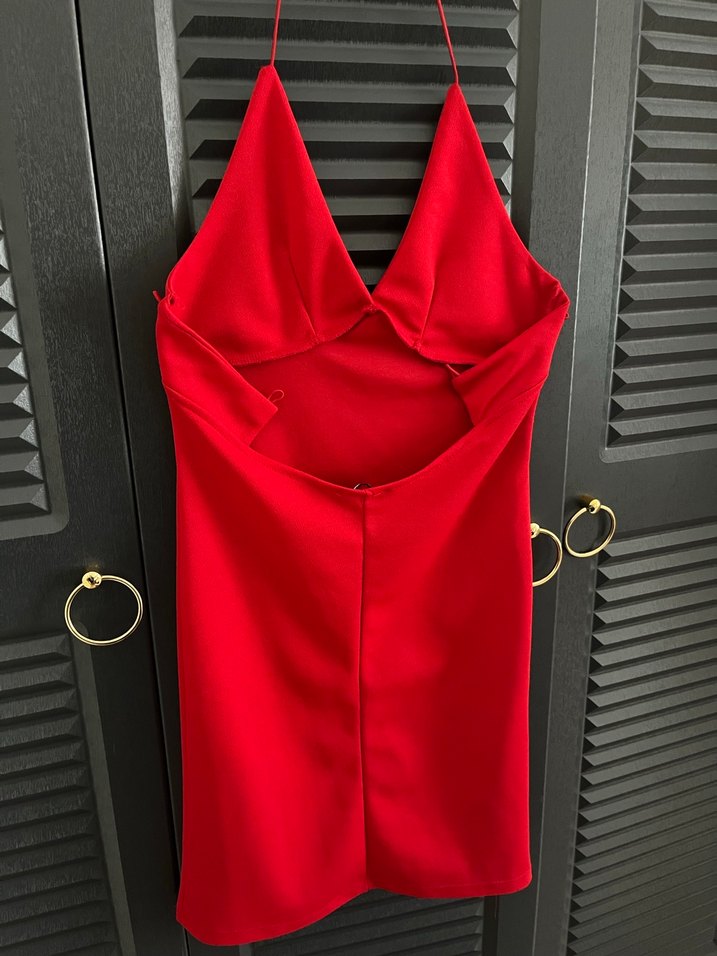 Kırmızı İp Askılı Sırt Dekolteli Mini Elbise - Görsel 3