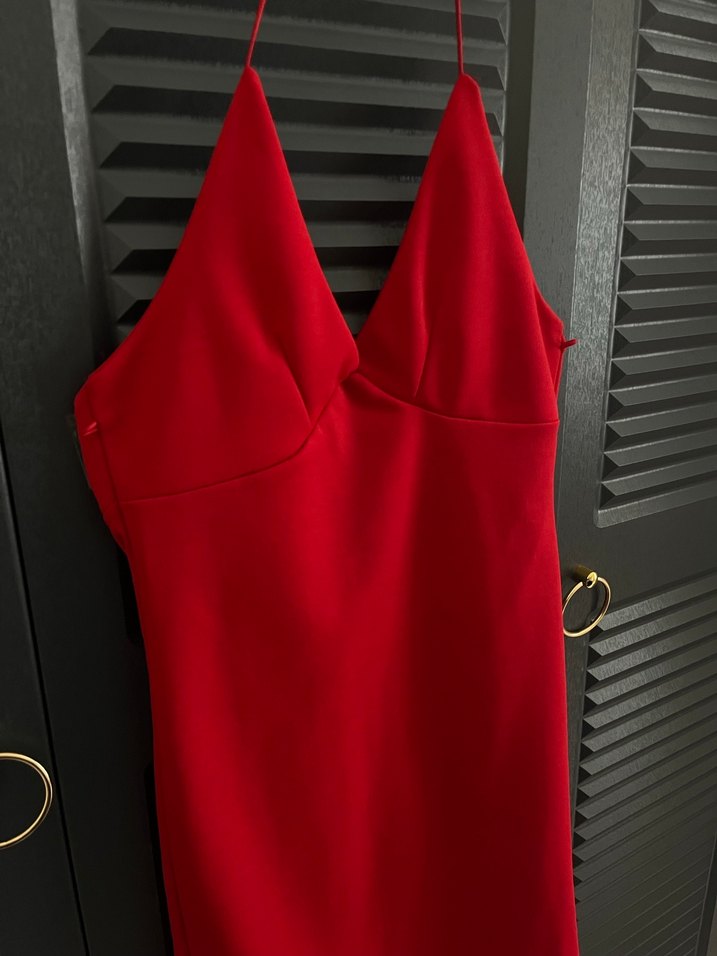 Kırmızı İp Askılı Sırt Dekolteli Mini Elbise - Görsel 2