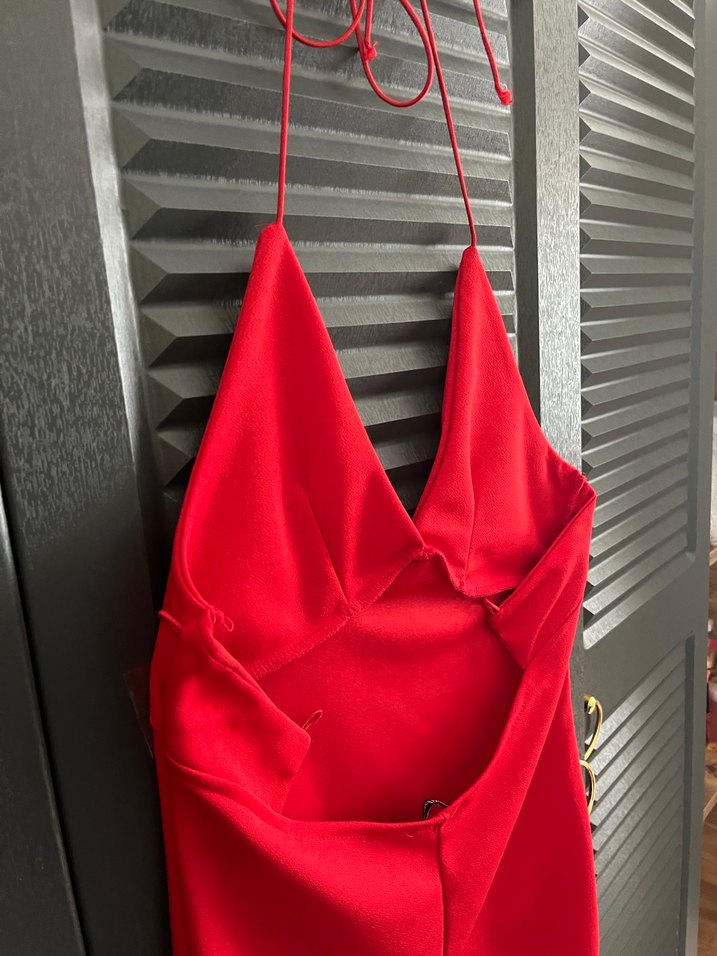 Kırmızı İp Askılı Sırt Dekolteli Mini Elbise - Görsel 4