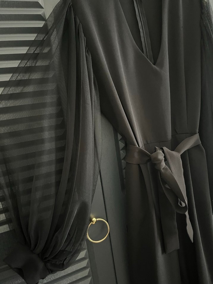 Siyah Uzun Kollu Kuşaklı Kadın Tulum - Görsel 2