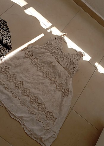 s Beden camel Renk Bej Nakışlı Bohem Keten Elbise