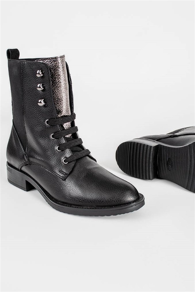 Siyah Deri Bağcıklı Kadın Botlar - Görsel 2