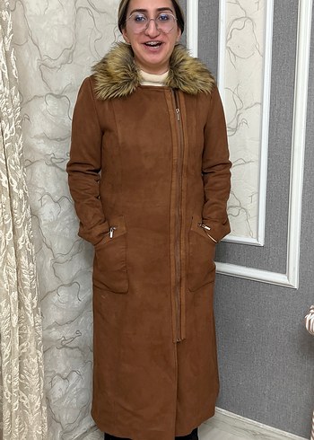 Kahverengi Süet Uzun Kürklü Kadın Kaban - Görsel 4