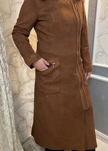 Kahverengi Süet Uzun Kürklü Kadın Kaban - Görsel 3