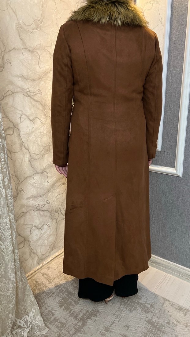 Kahverengi Süet Uzun Kürklü Kadın Kaban - Görsel 2