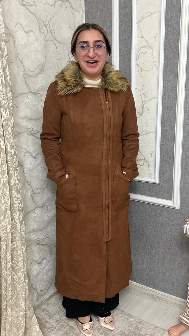 Kahverengi Süet Uzun Kürklü Kadın Kaban - Görsel 4
