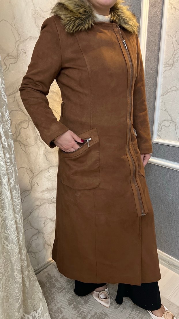 Kahverengi Süet Uzun Kürklü Kadın Kaban - Görsel 3