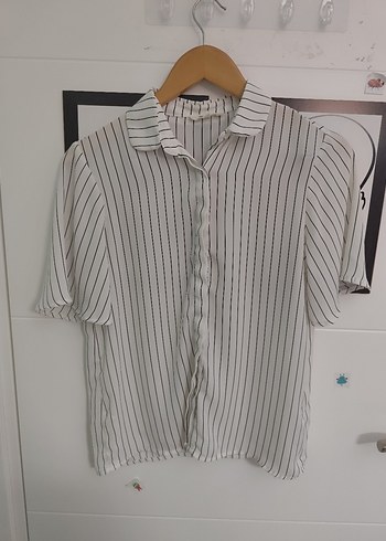 Çizgili Beyaz Kadın Gömlek - Görsel 2