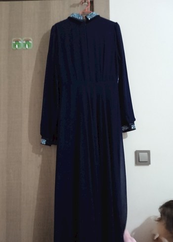 Uzun Kollu Lacivert Drapeli Kadın Elbise - Görsel 2