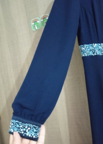 Uzun Kollu Lacivert Drapeli Kadın Elbise - Görsel 3