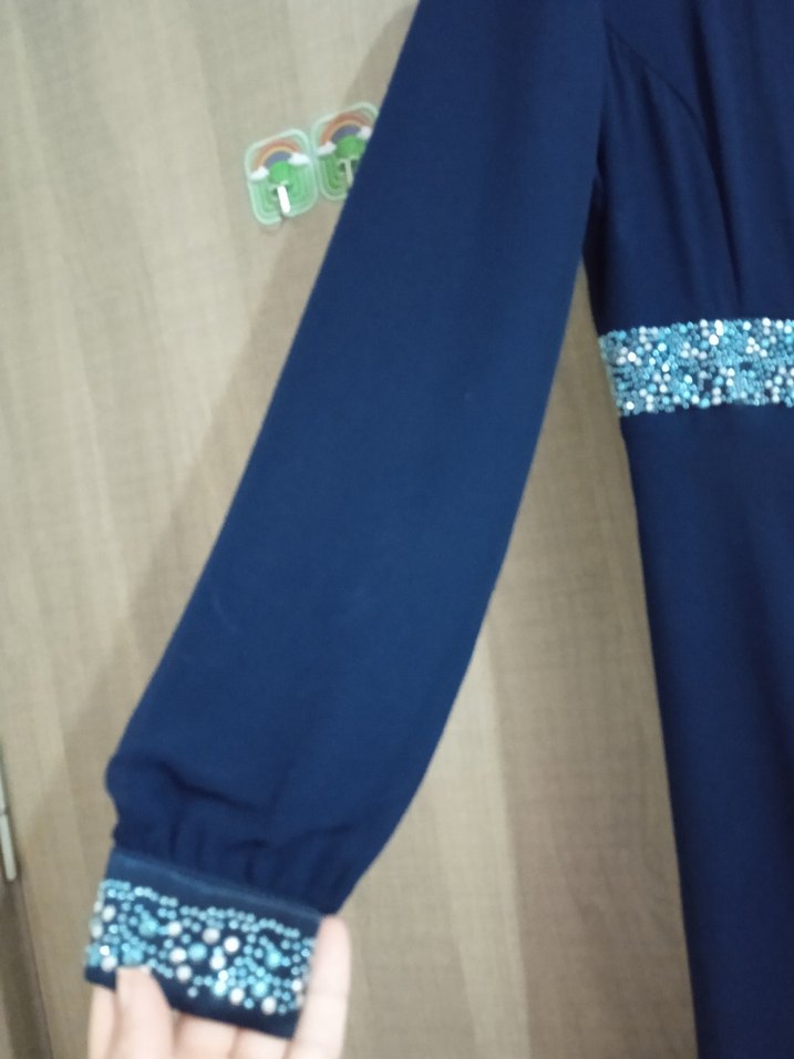 Uzun Kollu Lacivert Drapeli Kadın Elbise - Görsel 3