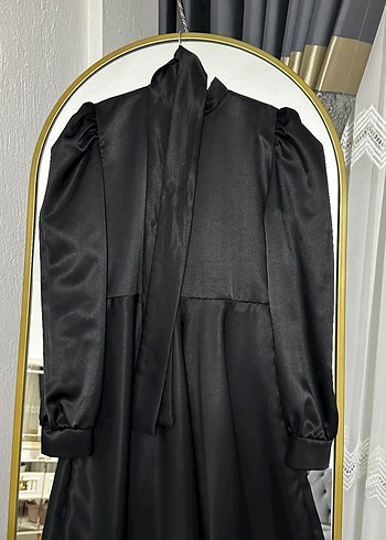 Siyah Uzun Drapeli saten Kadın Elbise - Görsel 2