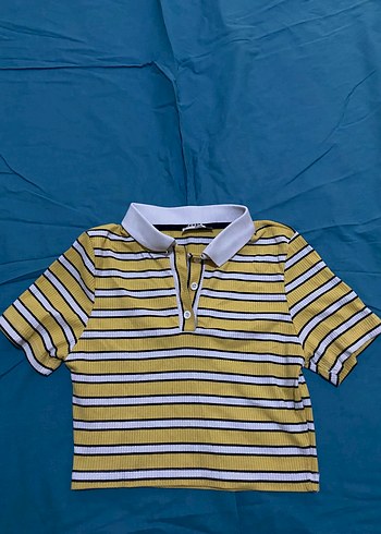 Sarı Çizgili Polo Crop Tişört
