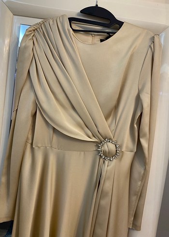 Bej Drapeli Uzun Kadın Abiye Elbise - Görsel 2