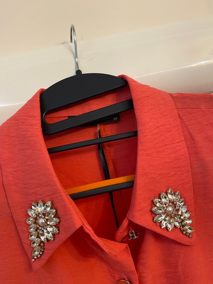 Nakışlı Nar Çiçeği Uzun Keten Kadın Kaban - Görsel 2