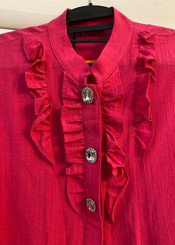 Uzun Kollu Pembe Fırfırlı Keten Gömlek - Görsel 2