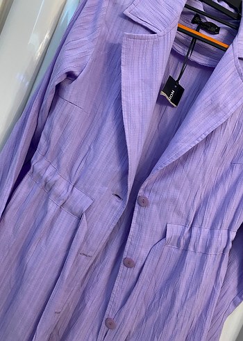 Mor Uzun Keten Kadın Ceket - Görsel 3