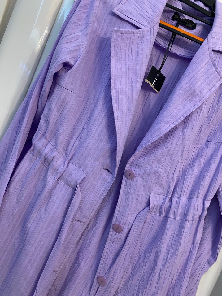 Mor Uzun Keten Kadın Ceket - Görsel 3