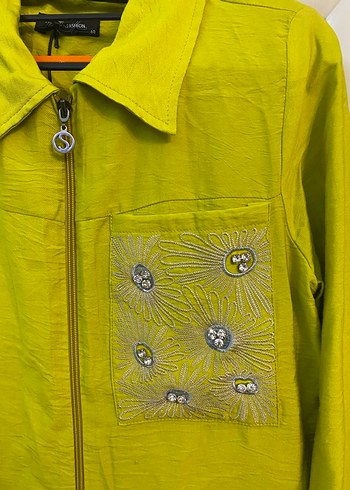 Sarı Uzun Kollu Nakışlı Keten Gömlek - Görsel 2