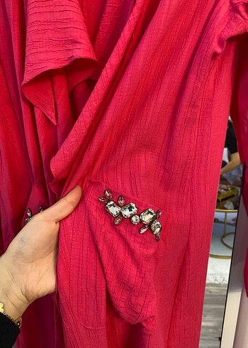 Pembe Uzun Keten Salaş Kadın Kaban - Görsel 2