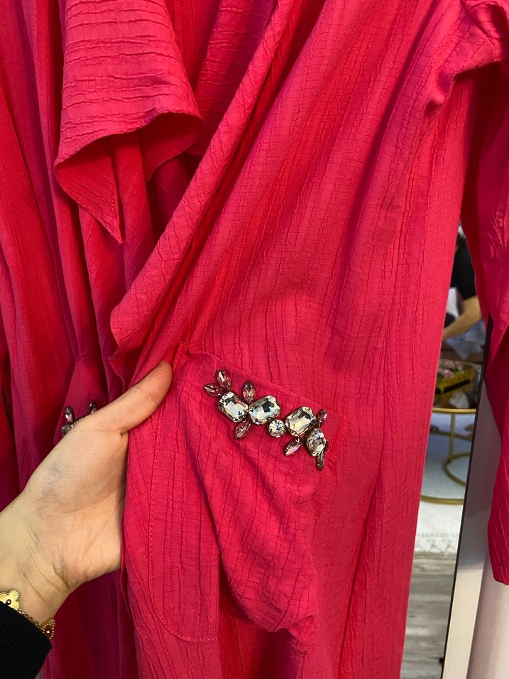 Pembe Uzun Keten Salaş Kadın Kaban - Görsel 2