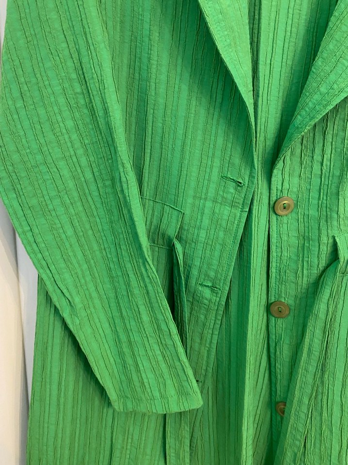 Yeşil Pilili Uzun Keten Kadın Kaban - Görsel 3