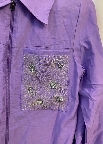 Uzun Kollu Mor Kadın Keten Ceket - Görsel 2