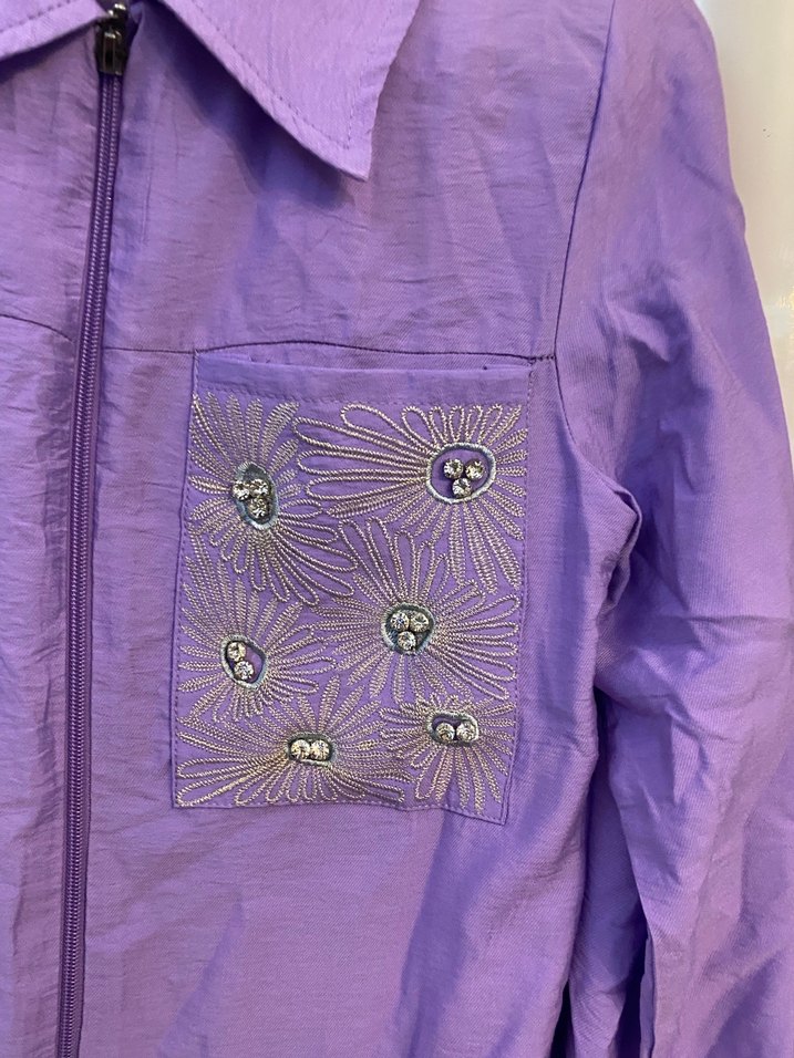 Uzun Kollu Mor Kadın Keten Ceket - Görsel 2