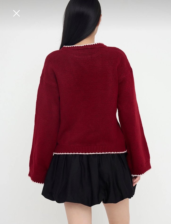 Bordo Nakışlı Triko Kadın Kazak - Görsel 2