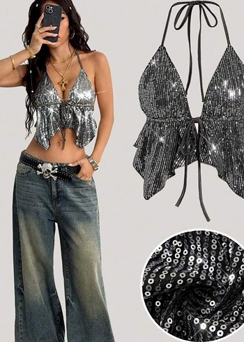 Parlak Yılan Desenli Halter Yaka Strappy Bustiyer - Görsel 5