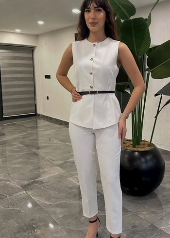 Düğmeli Kolsuz Kahverengi Mini Kadın Takım - Görsel 3