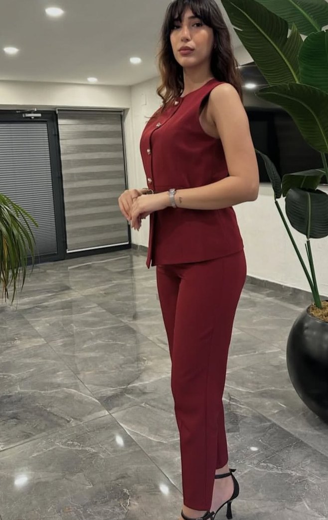 Düğmeli Kolsuz Kahverengi Mini Kadın Takım - Görsel 2