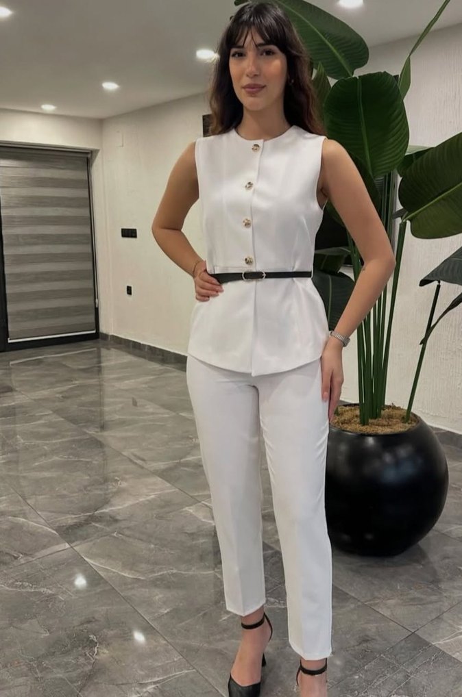 Düğmeli Kolsuz Kahverengi Mini Kadın Takım - Görsel 3