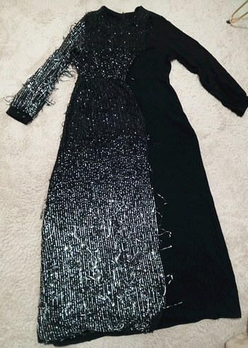 Uzun Kollu Siyah Payetli Uzun Abiye Elbise - Görsel 3