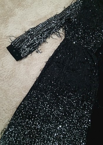 Uzun Kollu Siyah Payetli Uzun Abiye Elbise - Görsel 2