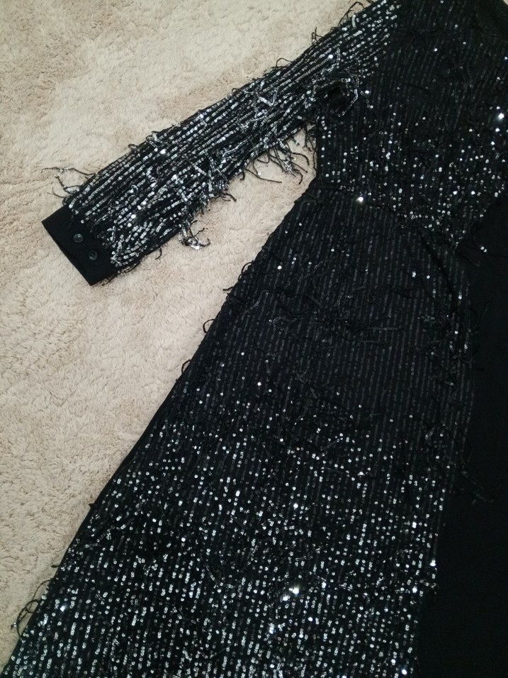 Uzun Kollu Siyah Payetli Uzun Abiye Elbise - Görsel 2