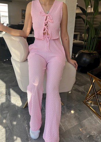 Pembe Dantel Detaylı Triko Kadın Tulum