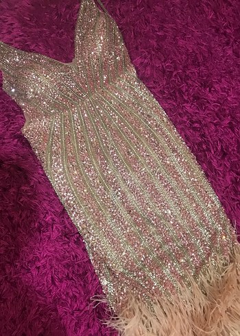 Pembe Payetli V Yakalı Uzun Abiye Elbise - Görsel 3