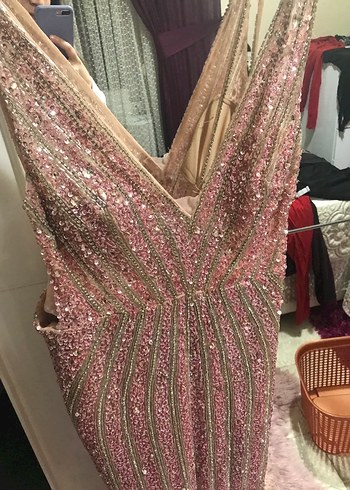 Pembe Payetli V Yakalı Uzun Abiye Elbise - Görsel 2