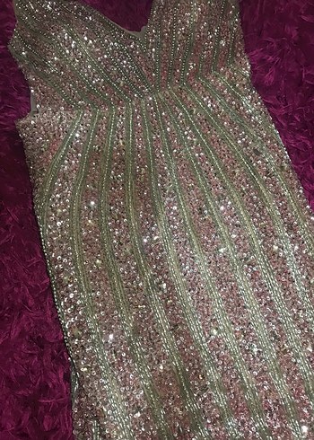 Pembe Payetli V Yakalı Uzun Abiye Elbise - Görsel 4