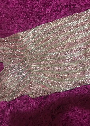 Pembe Payetli V Yakalı Uzun Abiye Elbise - Görsel 6