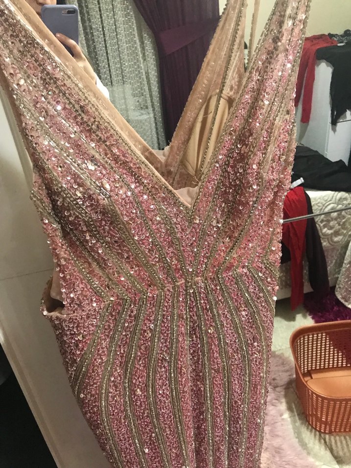 Pembe Payetli V Yakalı Uzun Abiye Elbise - Görsel 2