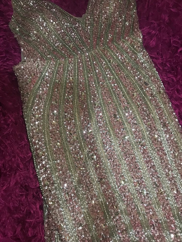 Pembe Payetli V Yakalı Uzun Abiye Elbise - Görsel 4