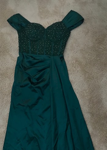 Drapeli V Yaka Turkuaz Abiye Elbise - Görsel 3