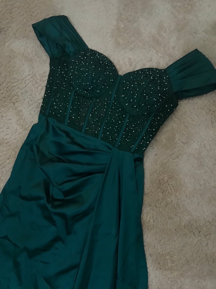 Drapeli V Yaka Turkuaz Abiye Elbise - Görsel 2