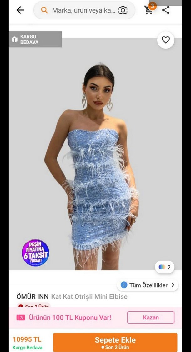 Mavi Tüylü Mini Straplez Elbise - Görsel 2