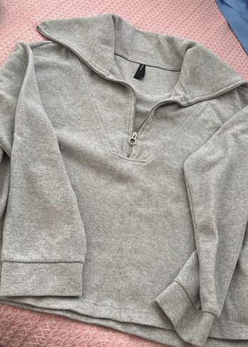 Gri Yarım Fermuarlı Yüksek Yaka Kadın kazak Sweatshirt
