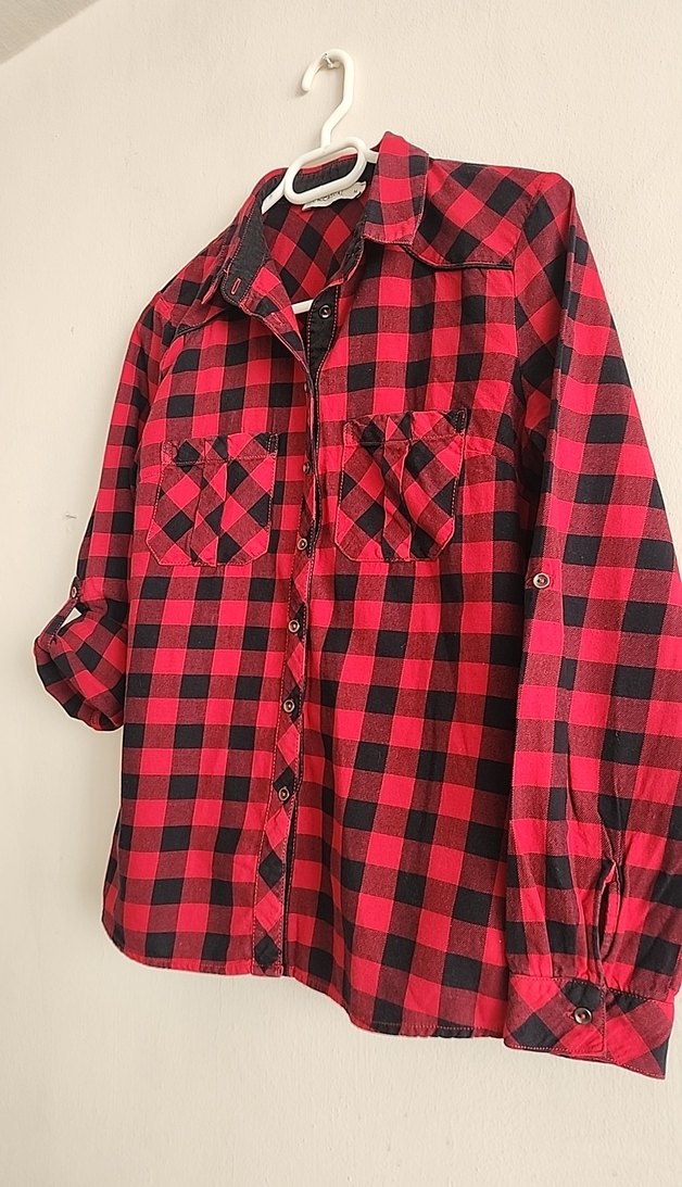 Kırmızı Kareli Pamuklu Düğmeli Kadın Gömlek - Görsel 3