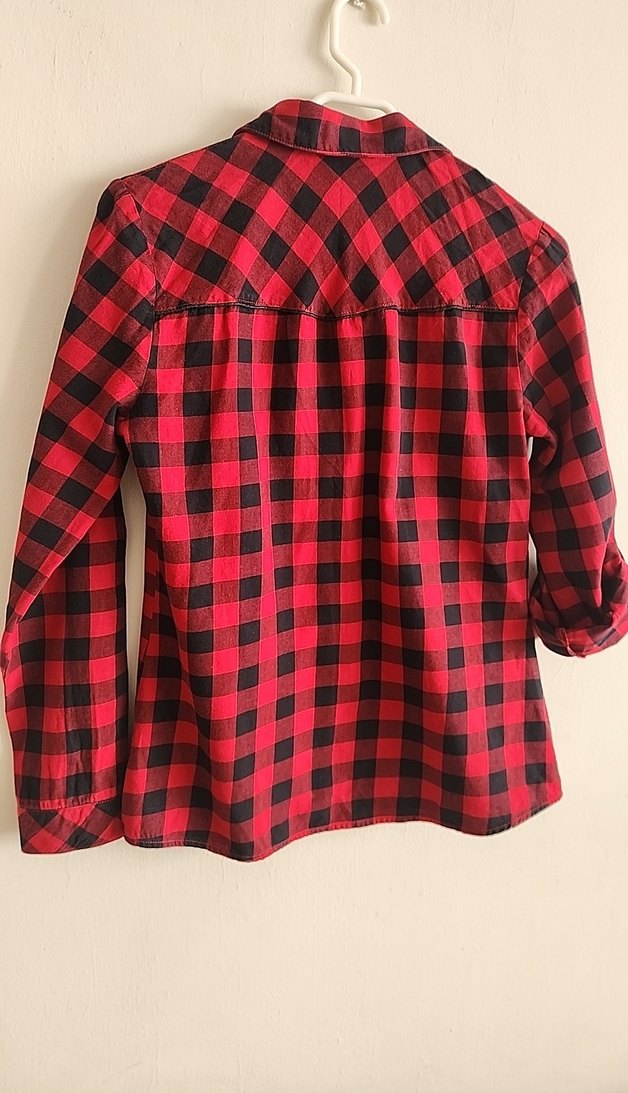Kırmızı Kareli Pamuklu Düğmeli Kadın Gömlek - Görsel 5